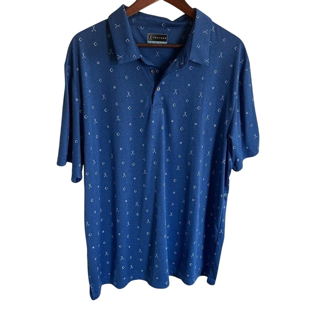 PGA Tour Mens XXL Blue Golf Club Print Short Sleeve Performance Polo Shirt
